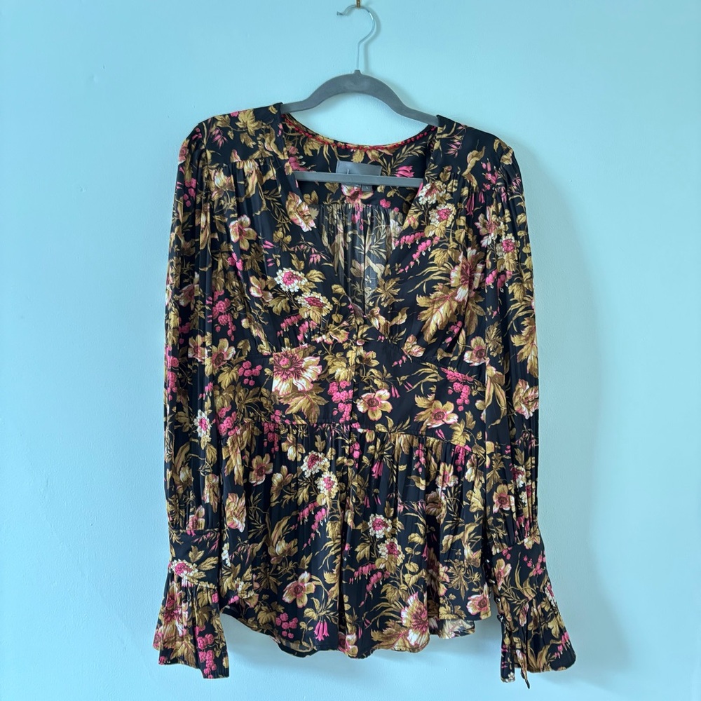 Anthropologie Floral Blouse in Black and Pink